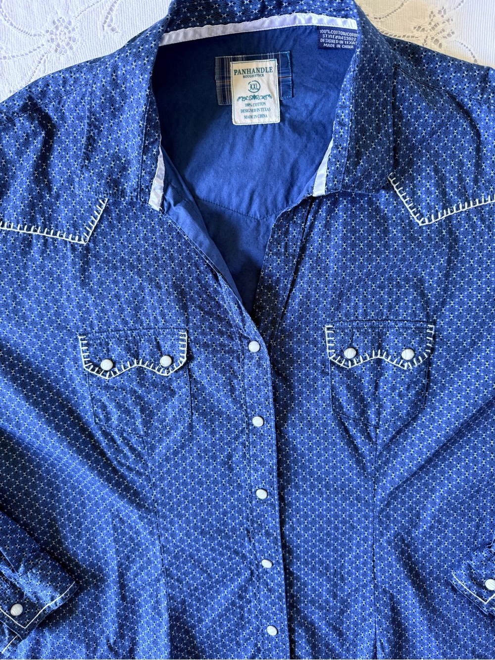 Panhandle Rough Stock Blue Western Pearl Snap Shirt XXL Whipstitch Geo Rodeo
